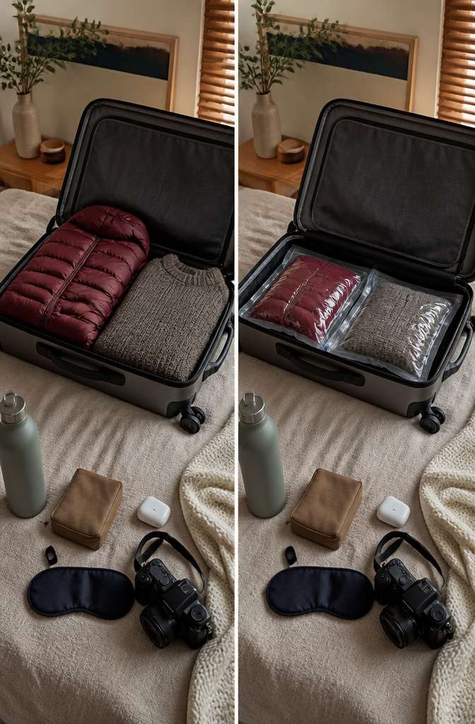 Compression bags filled with clothes in a suitcase.
