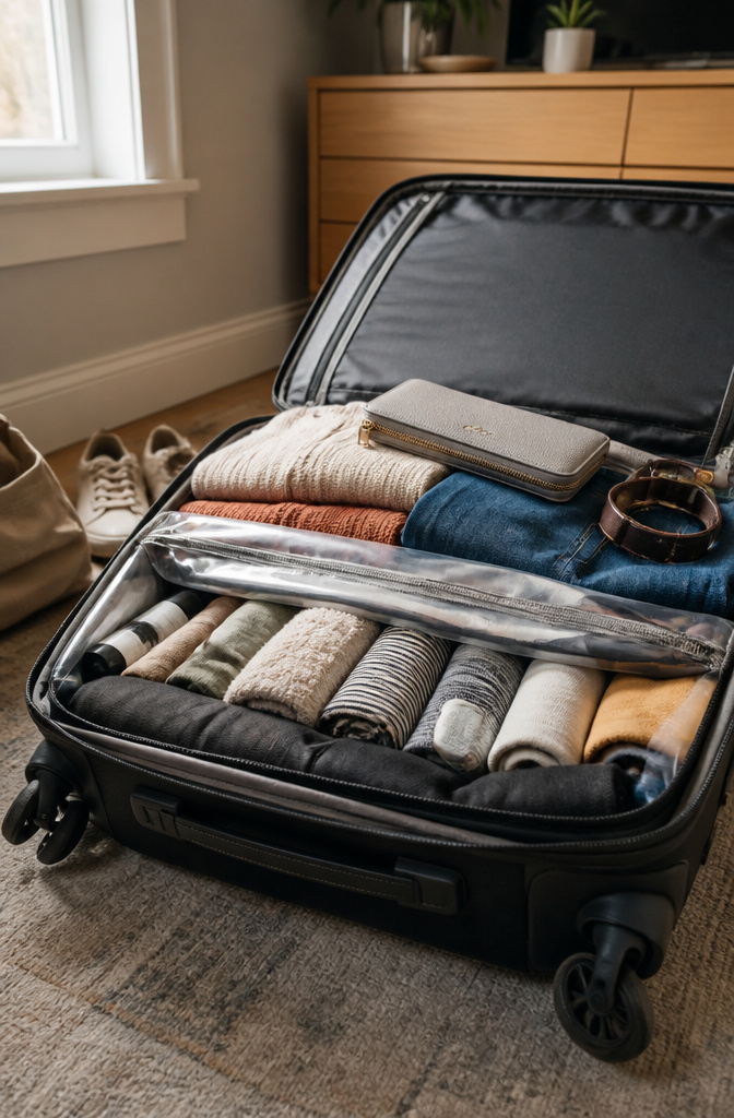A suitcase layered with clothing and filled with smaller items.