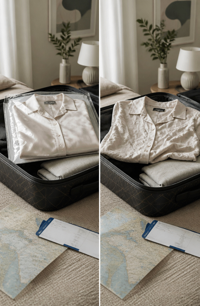 A dry-cleaner bag containing a neatly folded garment inside.