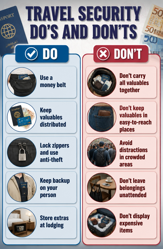 Travel security items including a money belt and anti-theft bag.