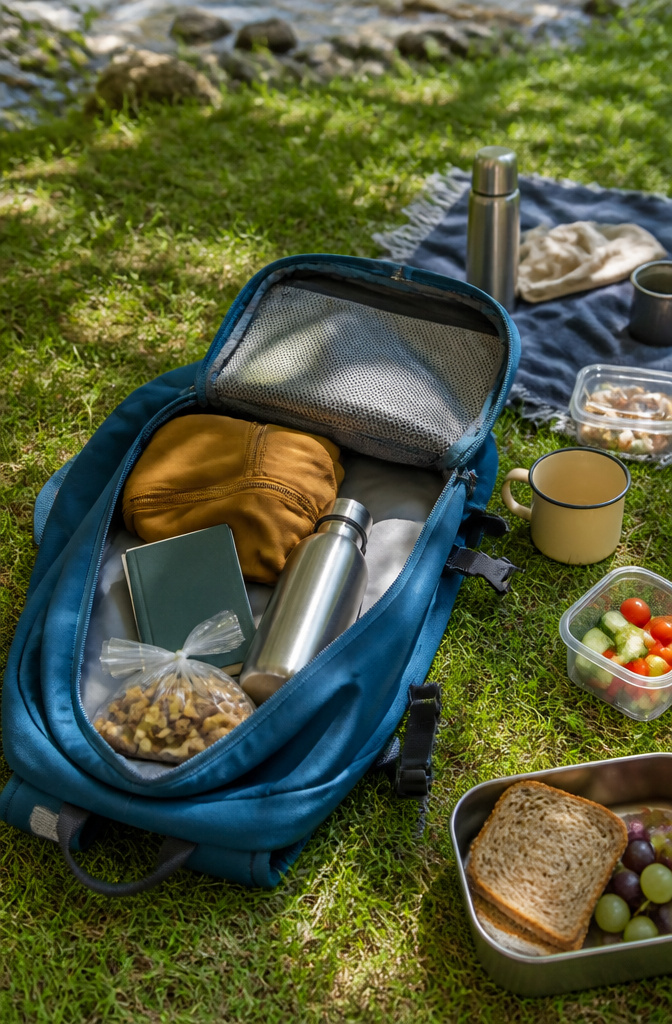 Packing Tips for Travel: 15 Steps for Stress-Free Trips 13 A day pack with snacks and essentials spread out on the grass.