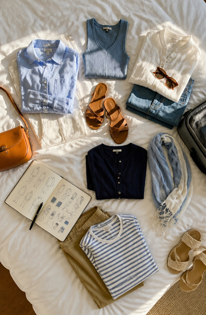 Packing Tips for Travel: 15 Steps for Stress-Free Trips 3 Complete outfits organized and photographed for travel planning.
