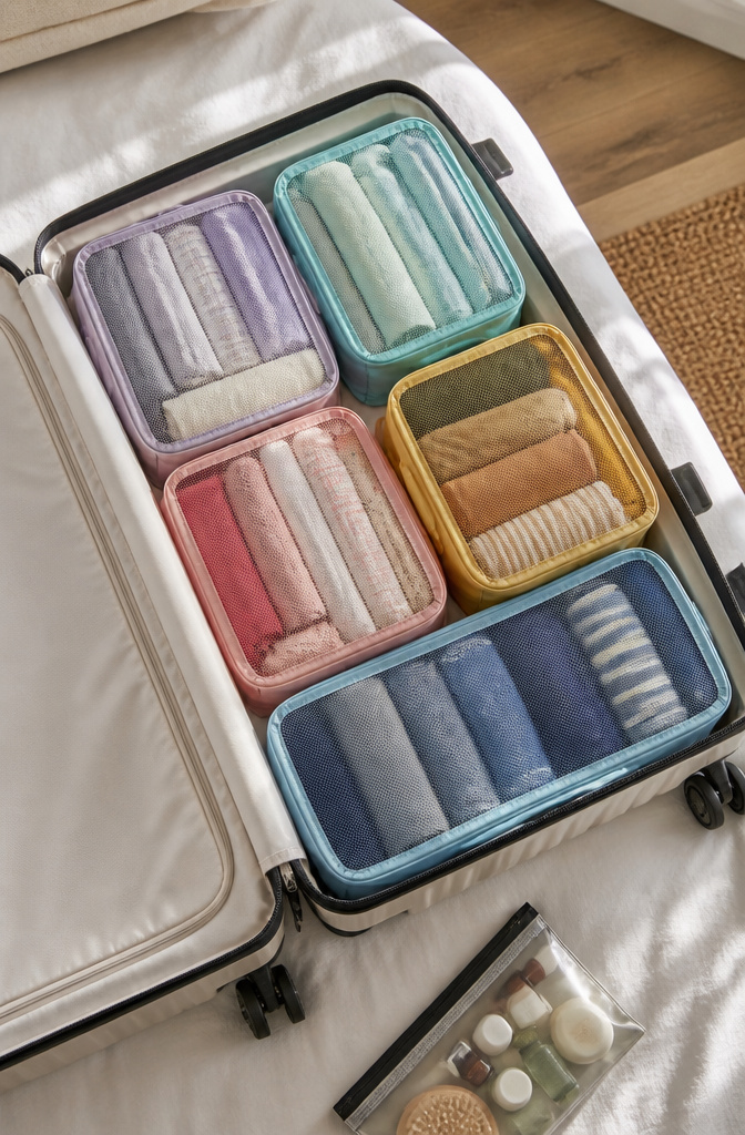 Packing Tips for Travel: 15 Steps for Stress-Free Trips 7 An organized suitcase filled with colorful packing cubes.