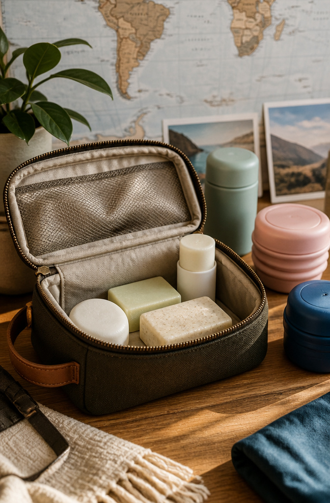 Packing Tips for Travel: 15 Steps for Stress-Free Trips 9 Solid toiletries displayed inside a stylish travel dopp kit.
