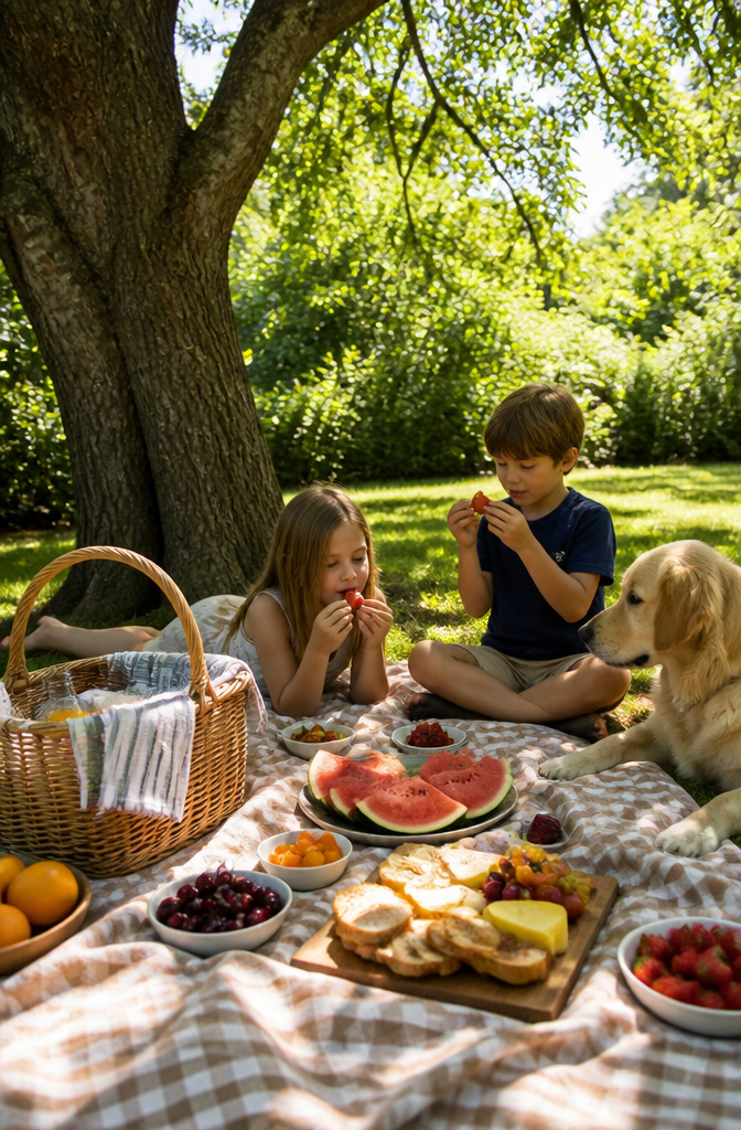 20 Summer Bucket List Ideas to Make 2026 Your Best Season 11 A checkered blanket with food laid out for a picnic under a tree.