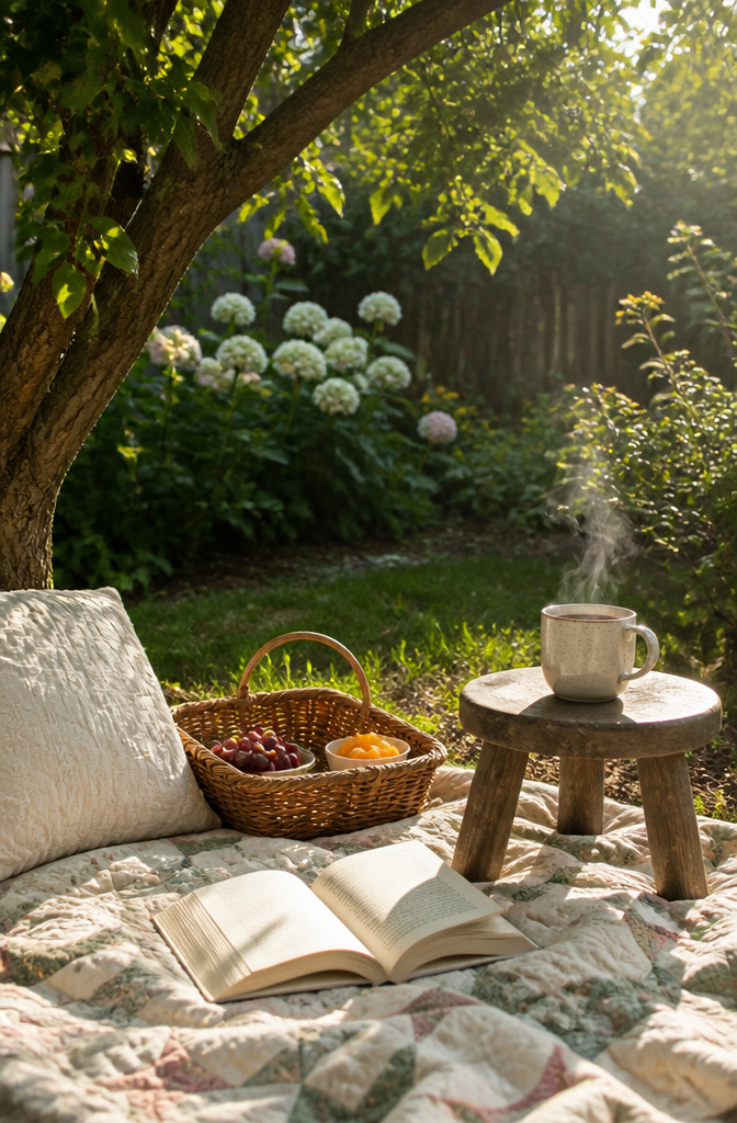 20 Summer Bucket List Ideas to Make 2026 Your Best Season 12 A person reading a book on a quilt in a backyard under a tree.