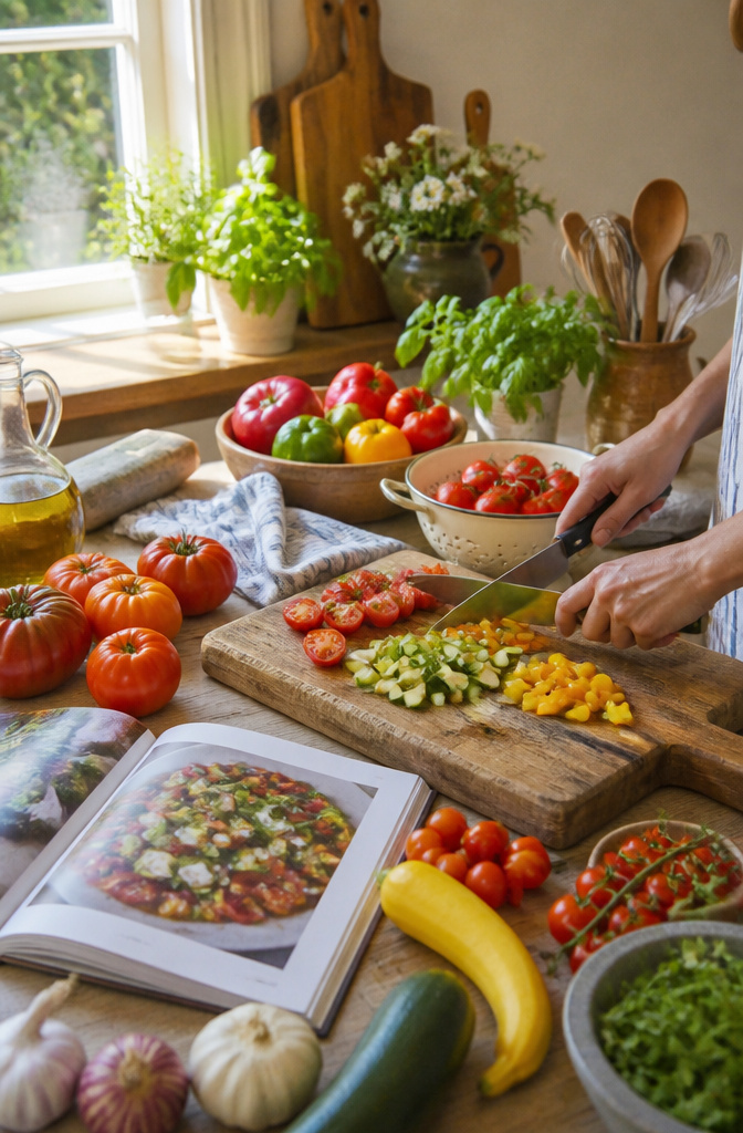 20 Summer Bucket List Ideas to Make 2026 Your Best Season 14 A kitchen table filled with fresh summer produce and cooking utensils.