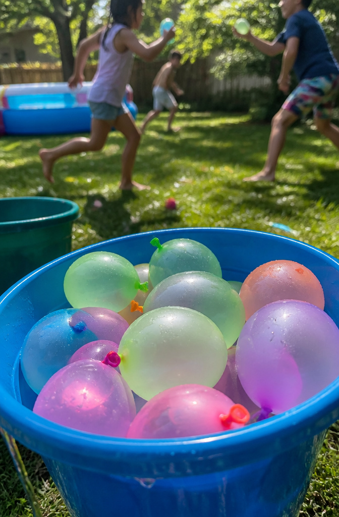 20 Summer Bucket List Ideas to Make 2026 Your Best Season 4 Kids enjoying a water balloon fight on a sunny day in the backyard.