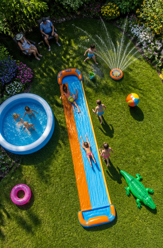 20 Summer Bucket List Ideas to Make 2026 Your Best Season 9 A slip-and-slide and sprinkler set up in a backyard for summer fun.