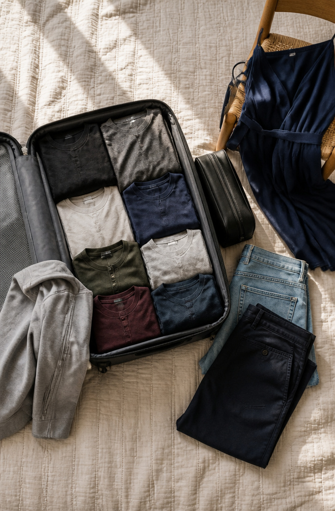 A photo of clothing essentials including shirts and pants for travel.