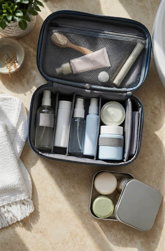 Travel-size toiletry bottles displayed on a bathroom counter.