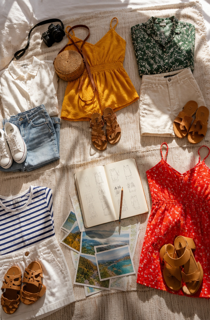 A neatly arranged outfit laid out on a bed before packing.