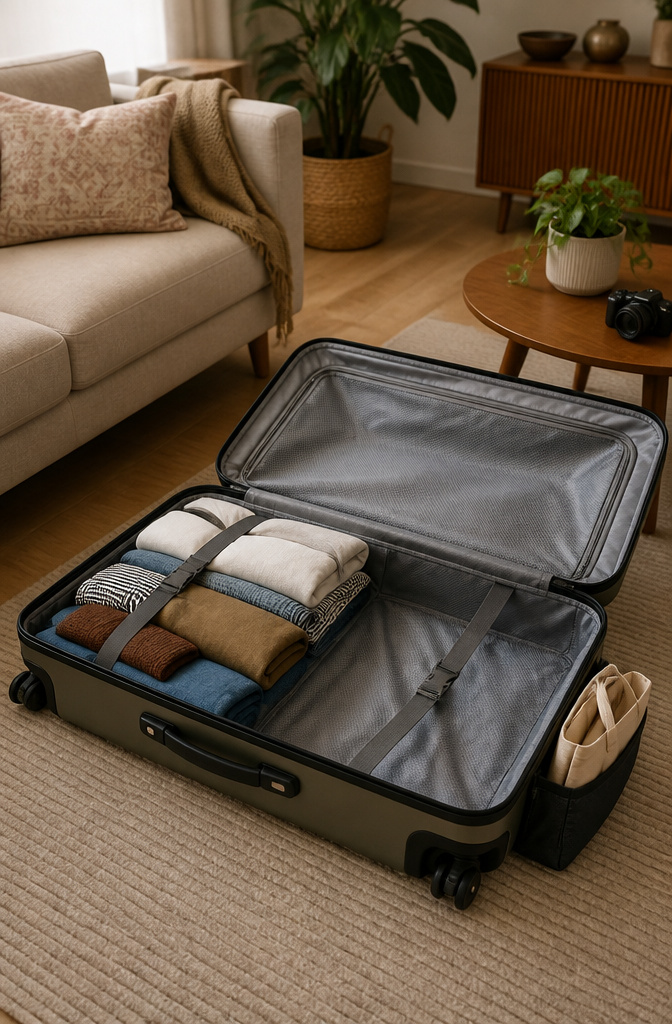 An open suitcase with space reserved for souvenirs and a shopping bag.