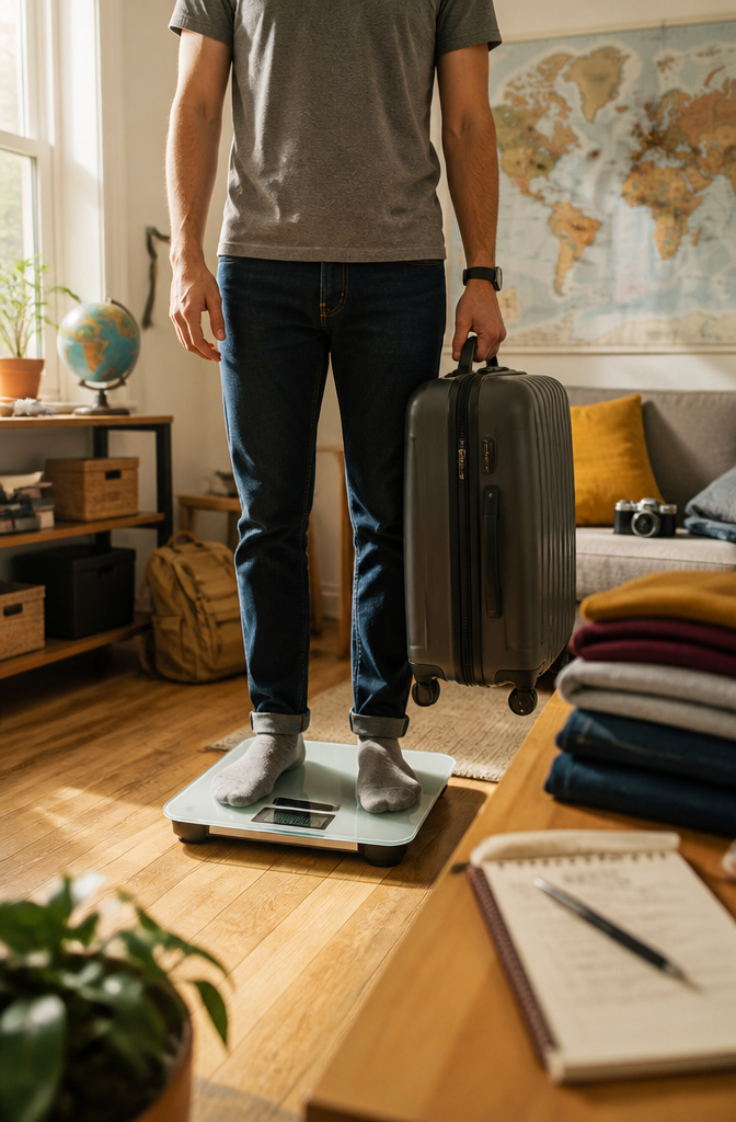A digital luggage scale hooked under a suitcase handle.