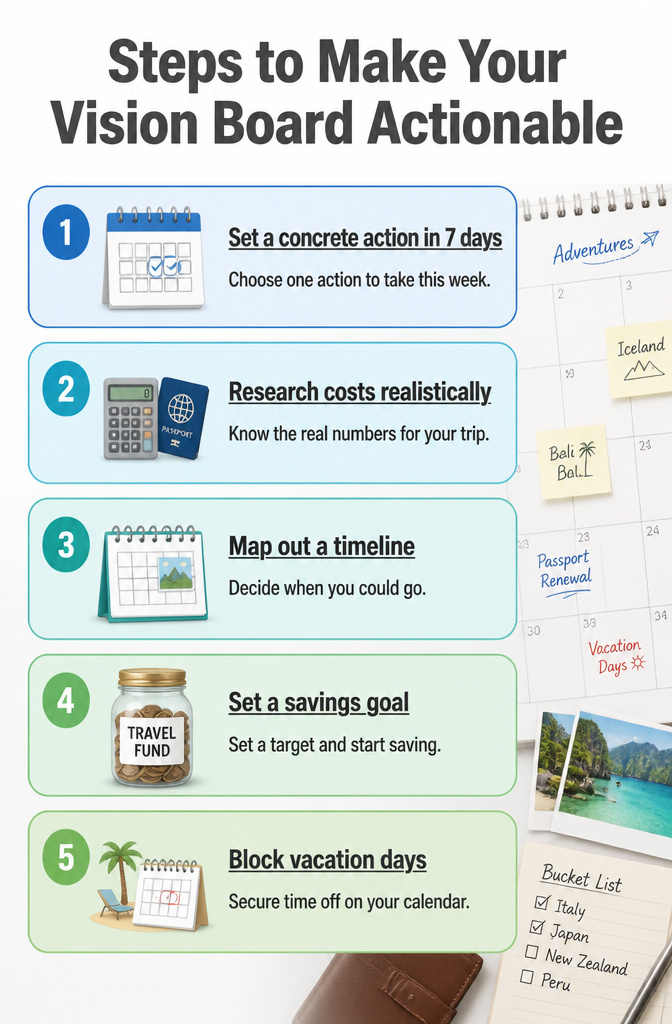 A list of actionable steps next to a travel vision board.