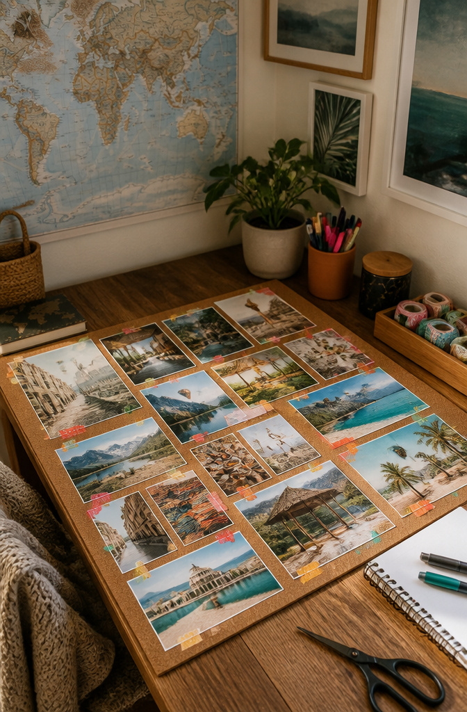 A neatly arranged travel vision board with images and washi tape.