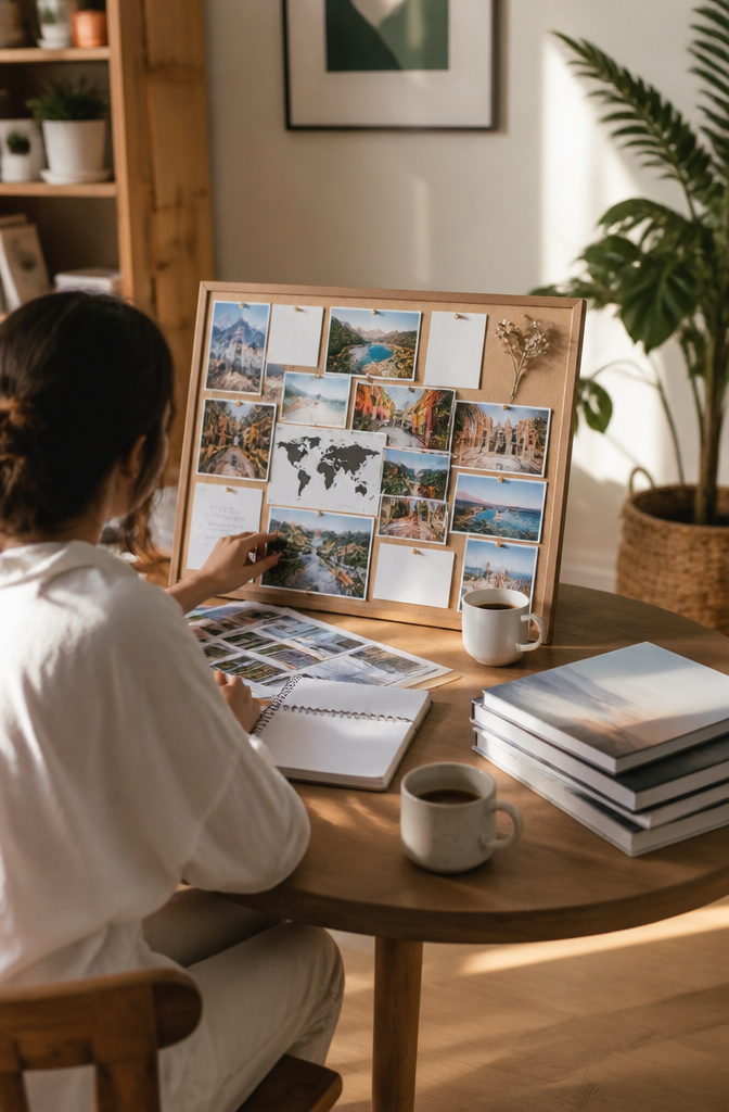 A person seated at a table, examining their travel vision board.