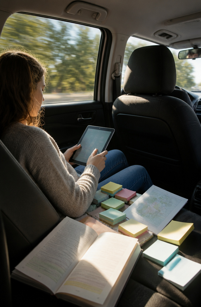 10 Things to Do on a Long Car Ride: Audiobooks, Podcasts, Games and More for 2026 10 A tablet displaying a language-learning app surrounded by notes.