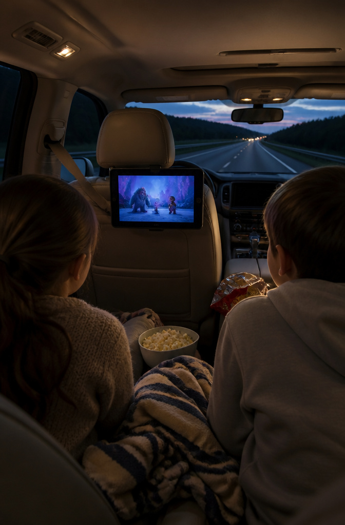 10 Things to Do on a Long Car Ride: Audiobooks, Podcasts, Games and More for 2026 5 An animated movie displayed on a tablet mounted in a family SUV.