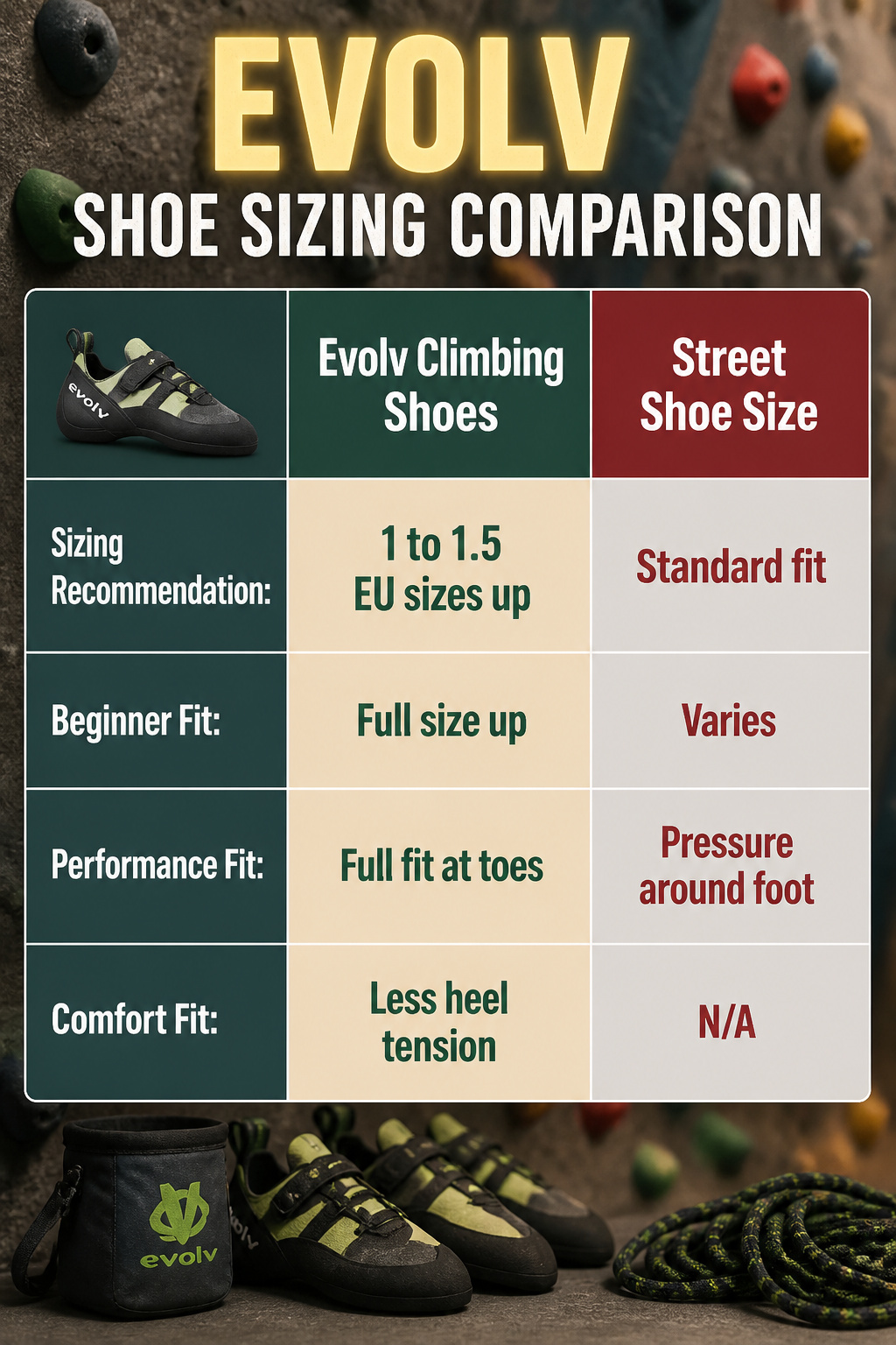 Evolv shoe sizing comparison chart.