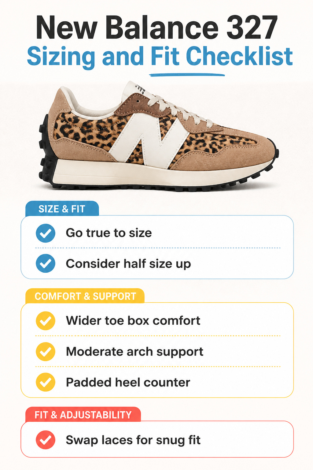 Sizing and fit checklist for New Balance 327 leopard print sneakers.