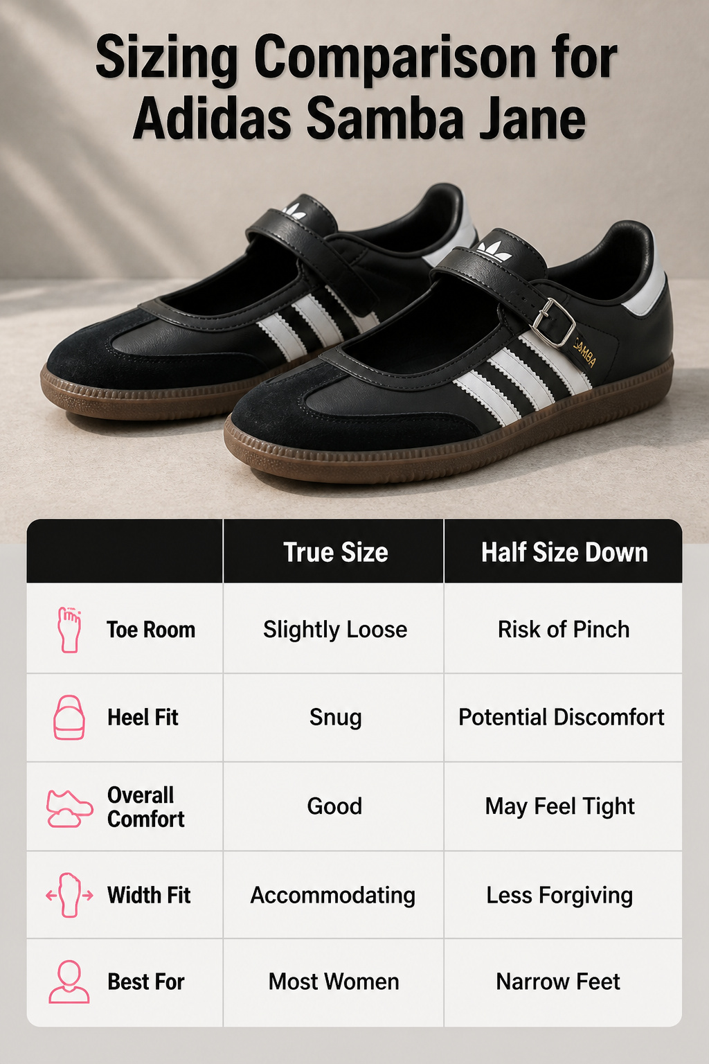 Sizing comparison image for Adidas Samba Jane shoes.