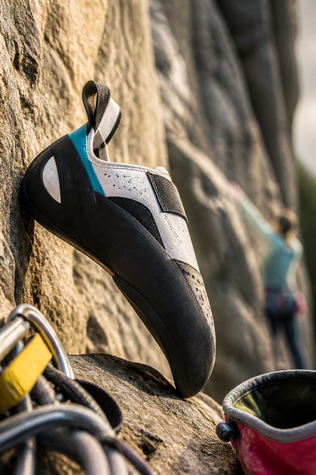 The Qubit climbing shoe showcasing its RH midsole and aggressive downturn.