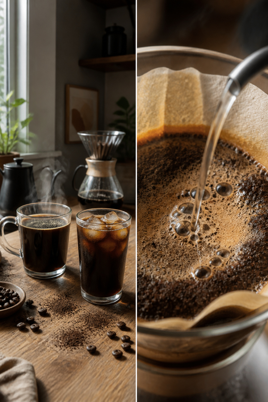 A picture showing coffee brewing equipment and cold brew coffee.