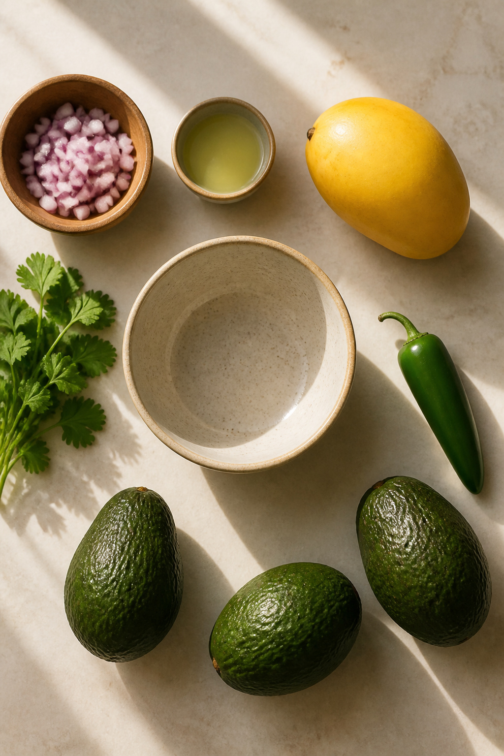 Ingredients for mango guacamole including avocados, mango, and lime juice.