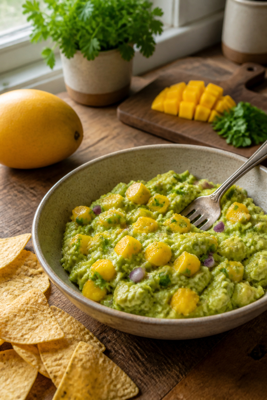 Bowl of mango guacamole with diced mango, red onion, and cilantro.
