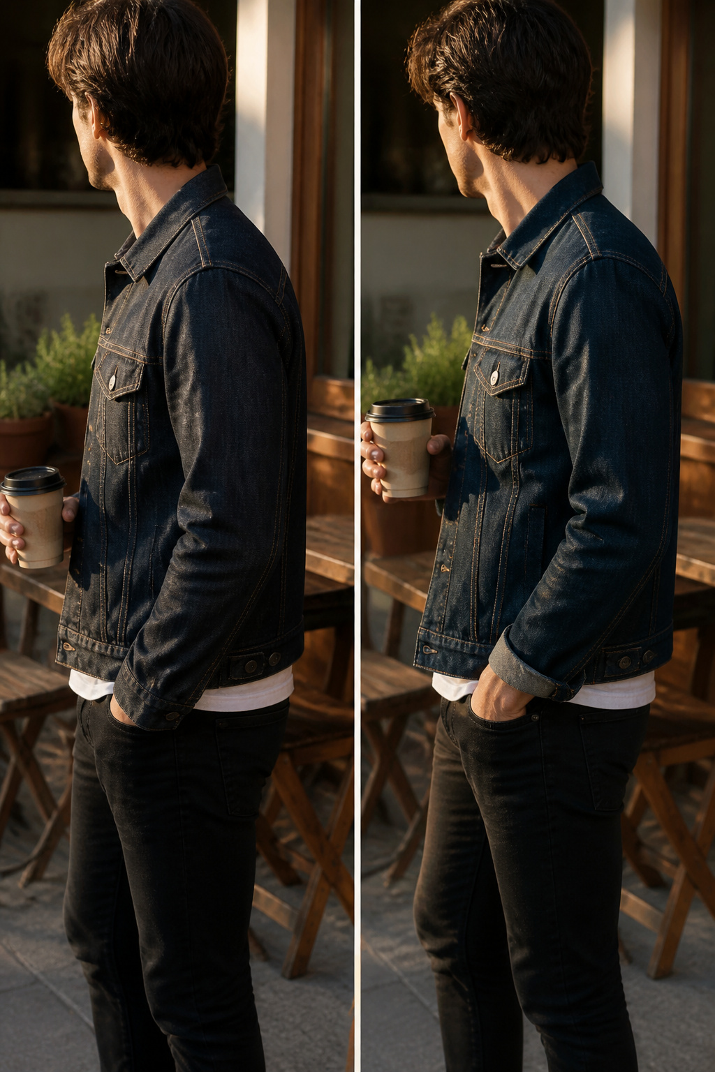 A person wearing a denim jacket on a mild day.
