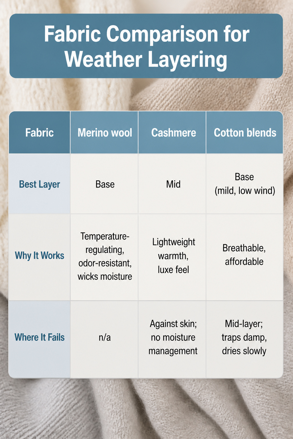 A comparison of different fabric types for layering.