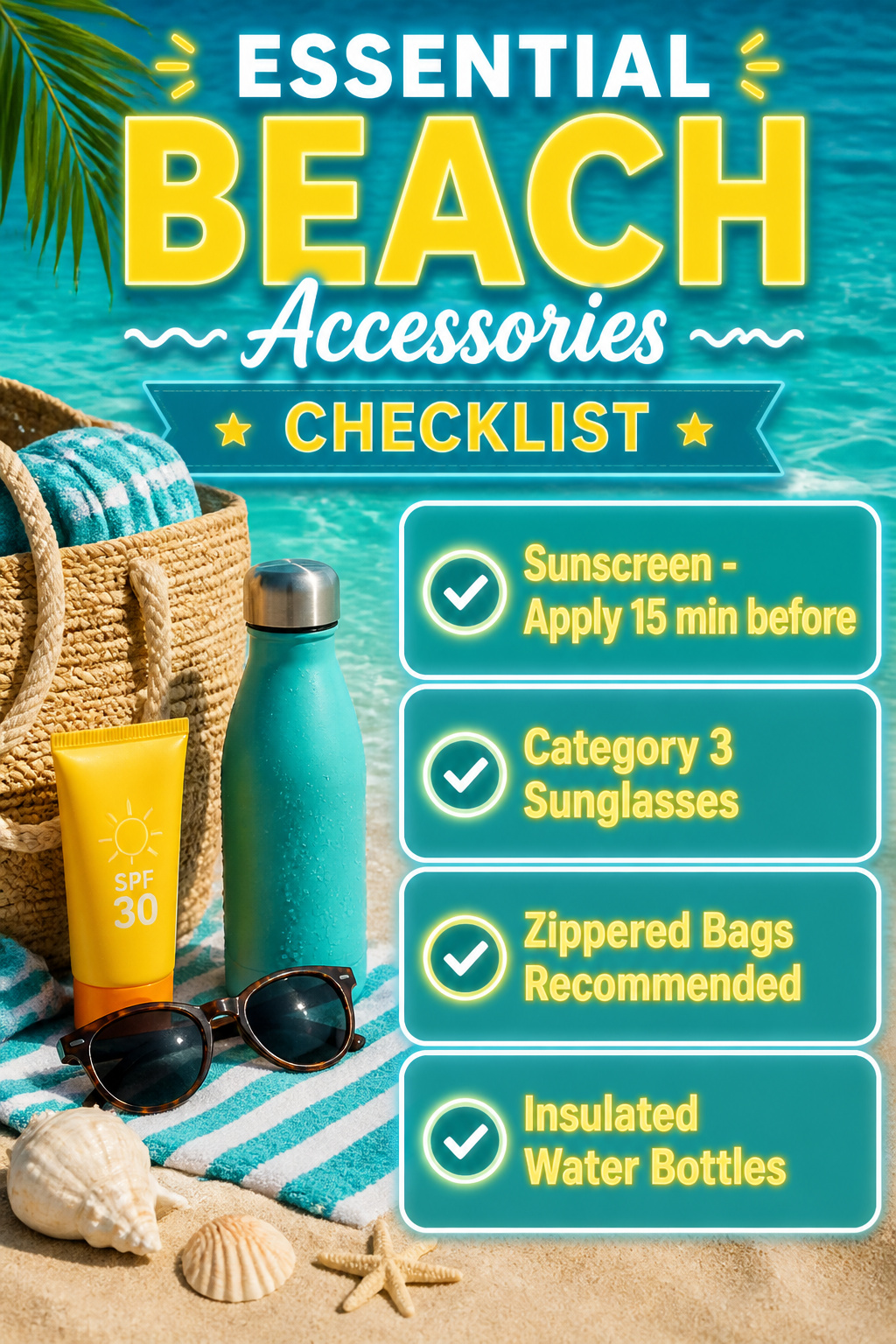 An accessories checklist for a beach day.