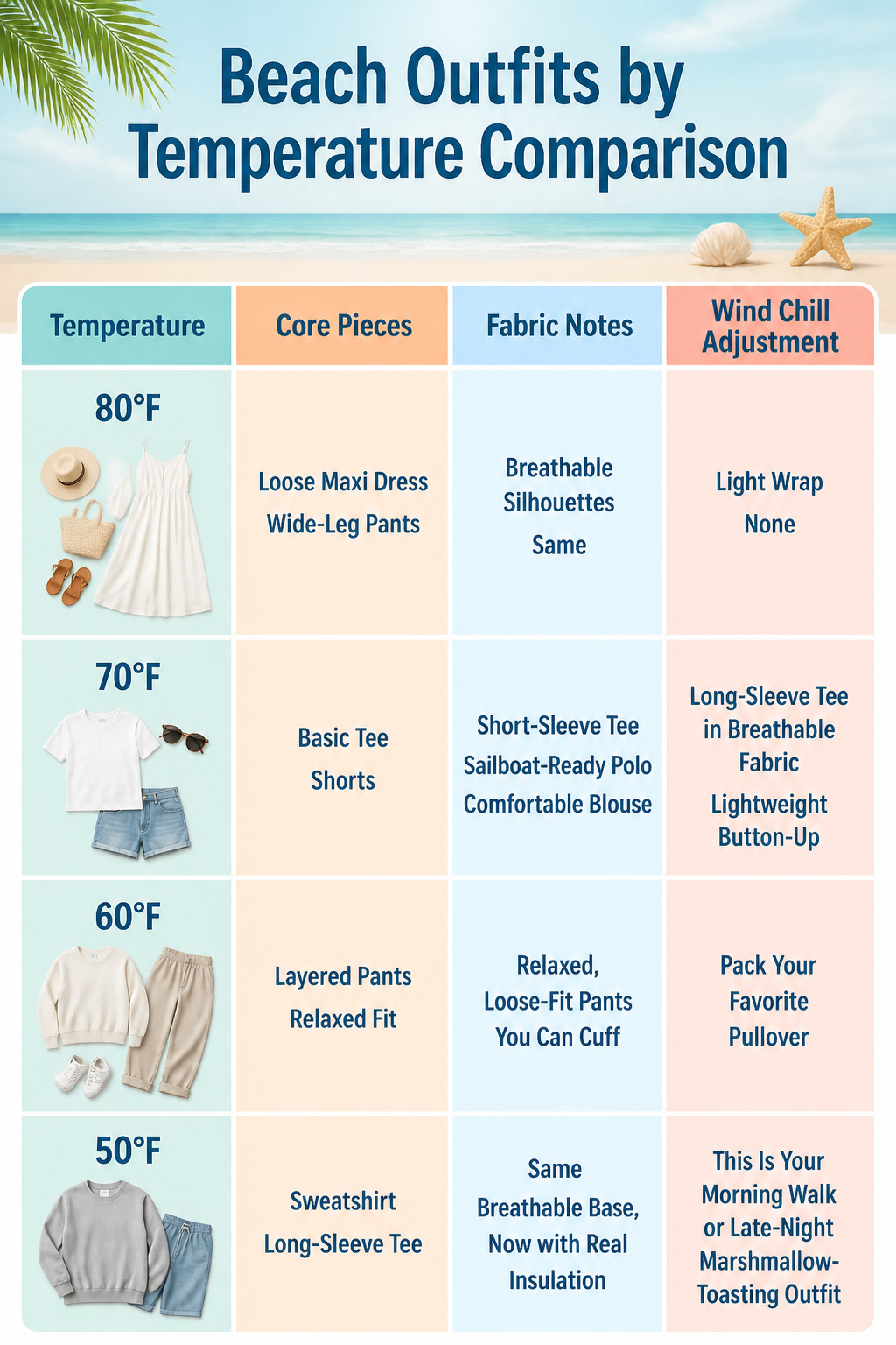A comparison chart of beach outfits by temperature.
