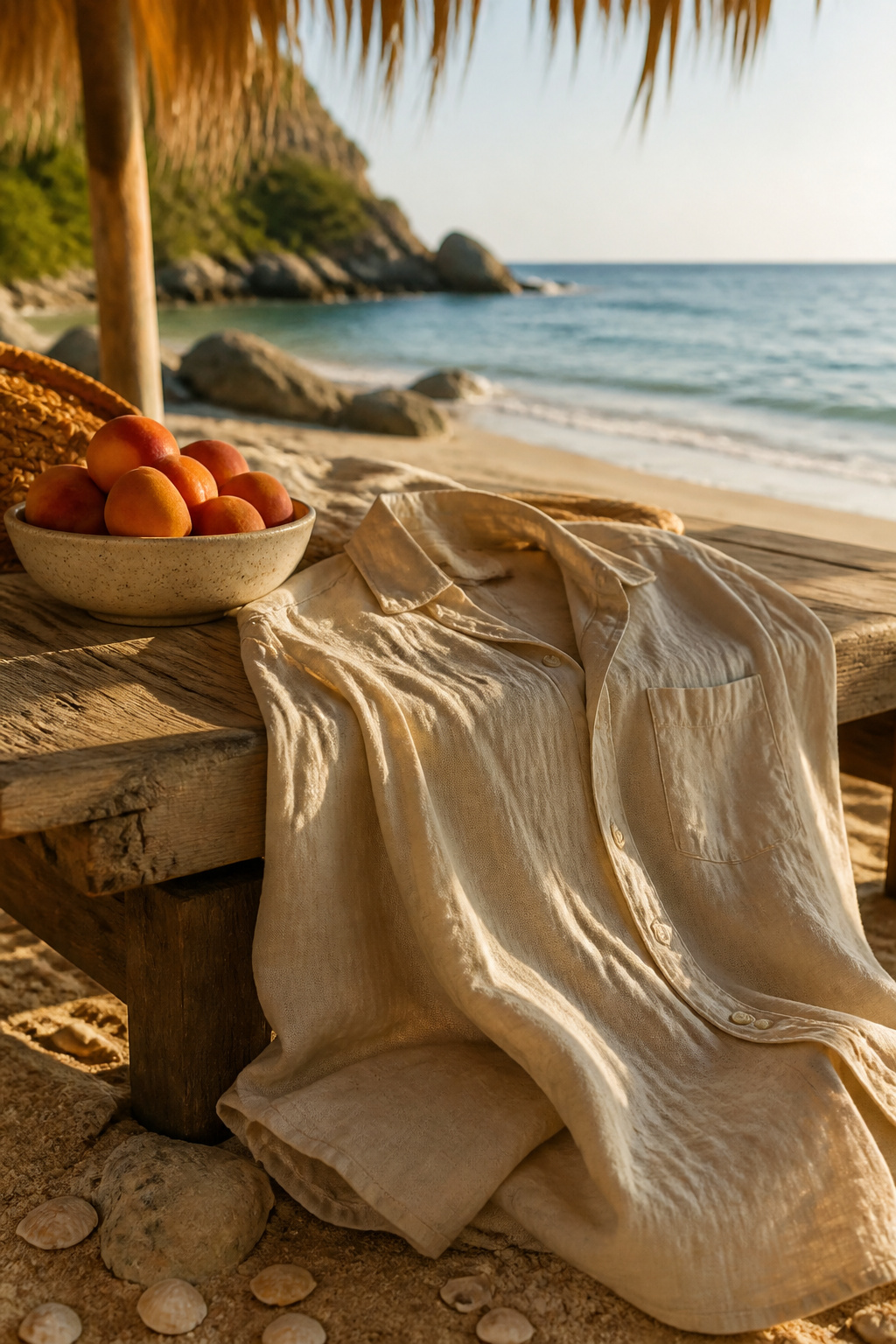 A linen-blend shirt draped over a wooden table with fruits.