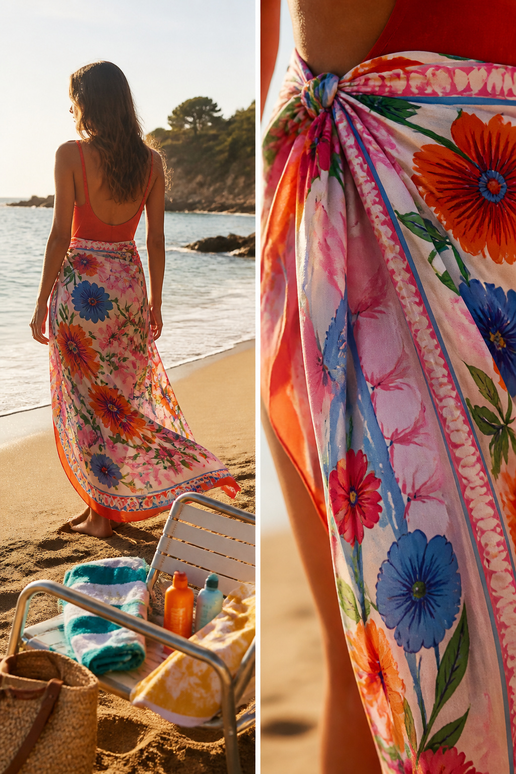 A printed pareo draped elegantly on a beach chair.