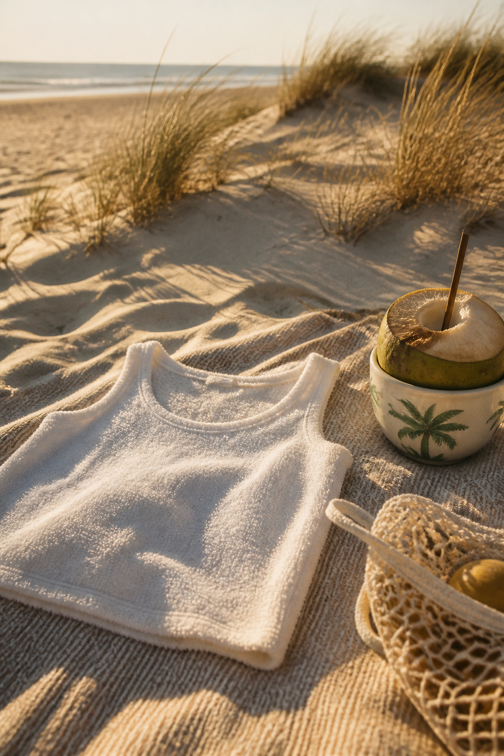 A terry cloth tank top on a textured beach blanket.