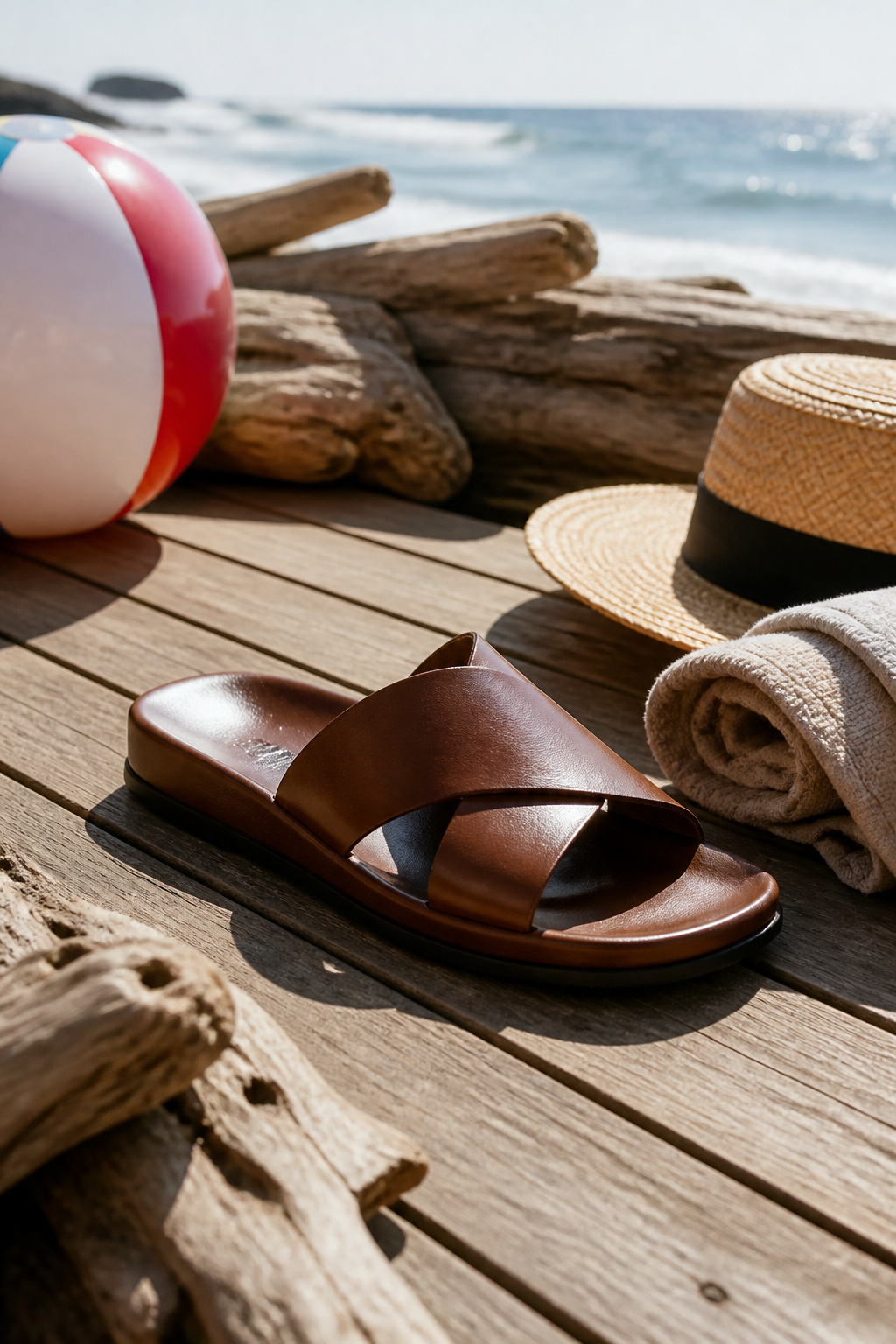 A brown leather sandal on a wooden surface.