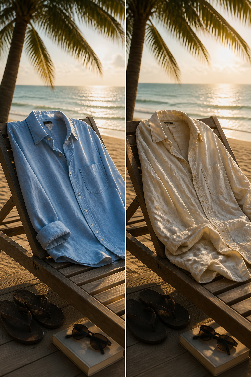 A linen shirt displayed on a wooden table with fruit.