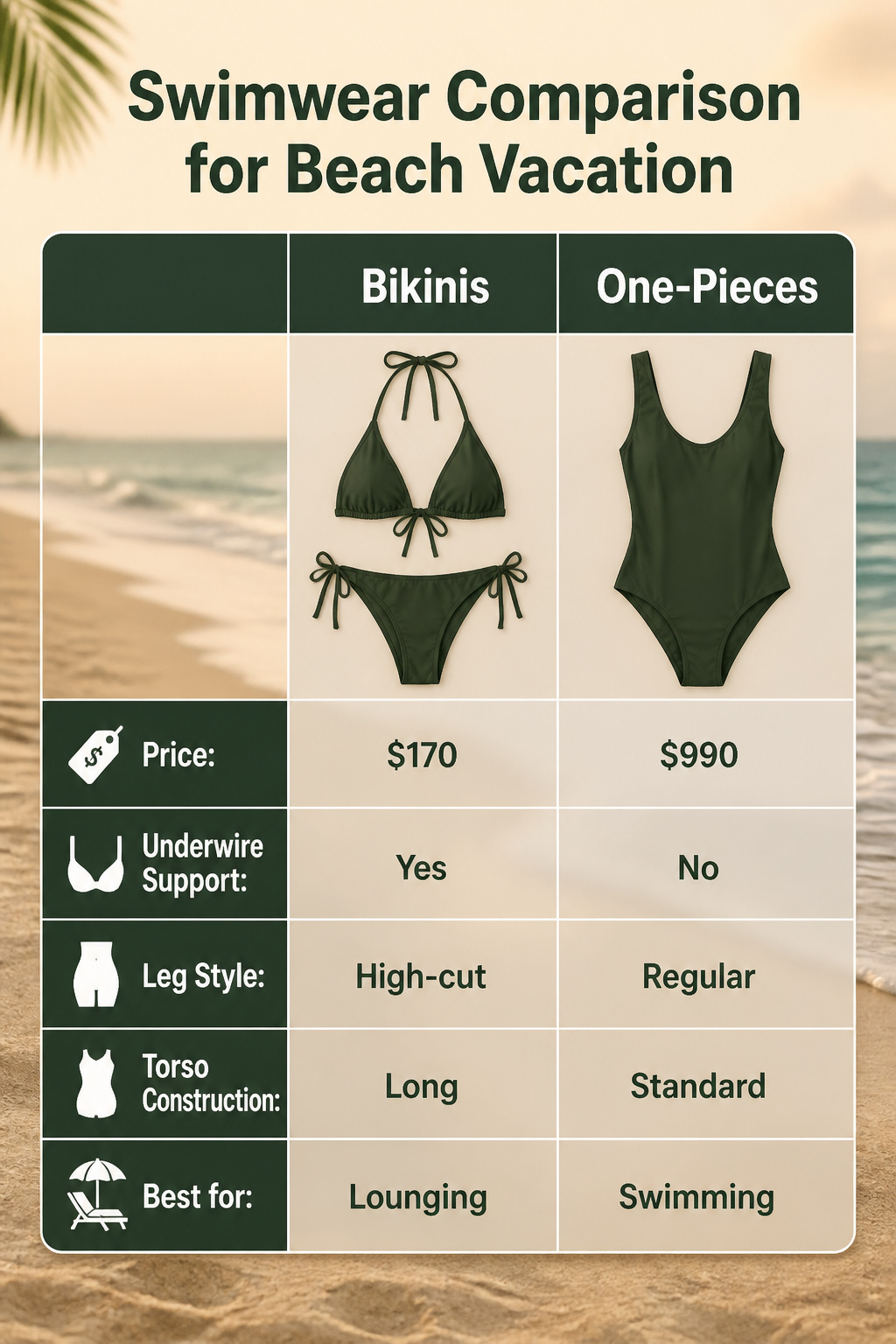 An infographic comparing different swimwear styles and prices.