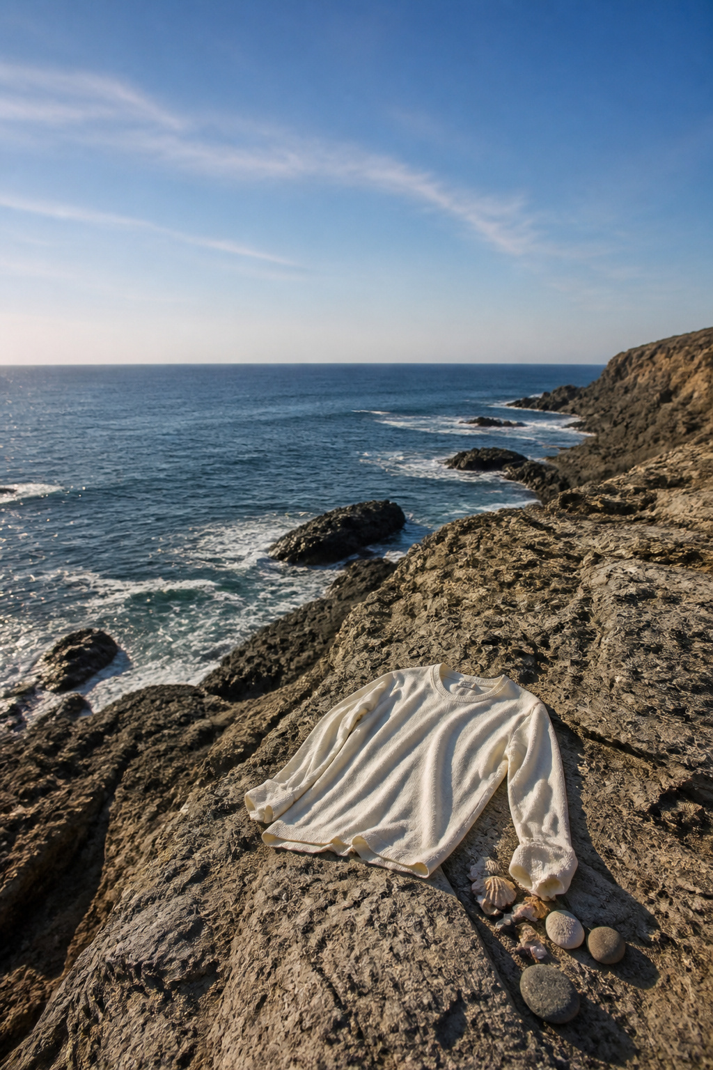 A beach outfit layered with a terry cloth sweatshirt.