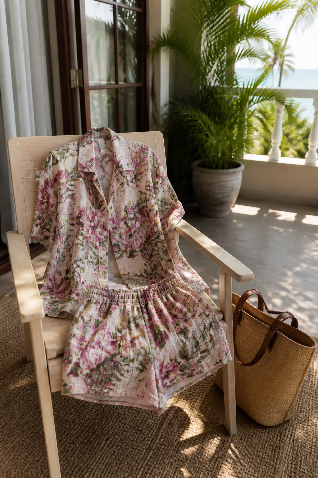 Floral two-piece set resting on a light wood chair.