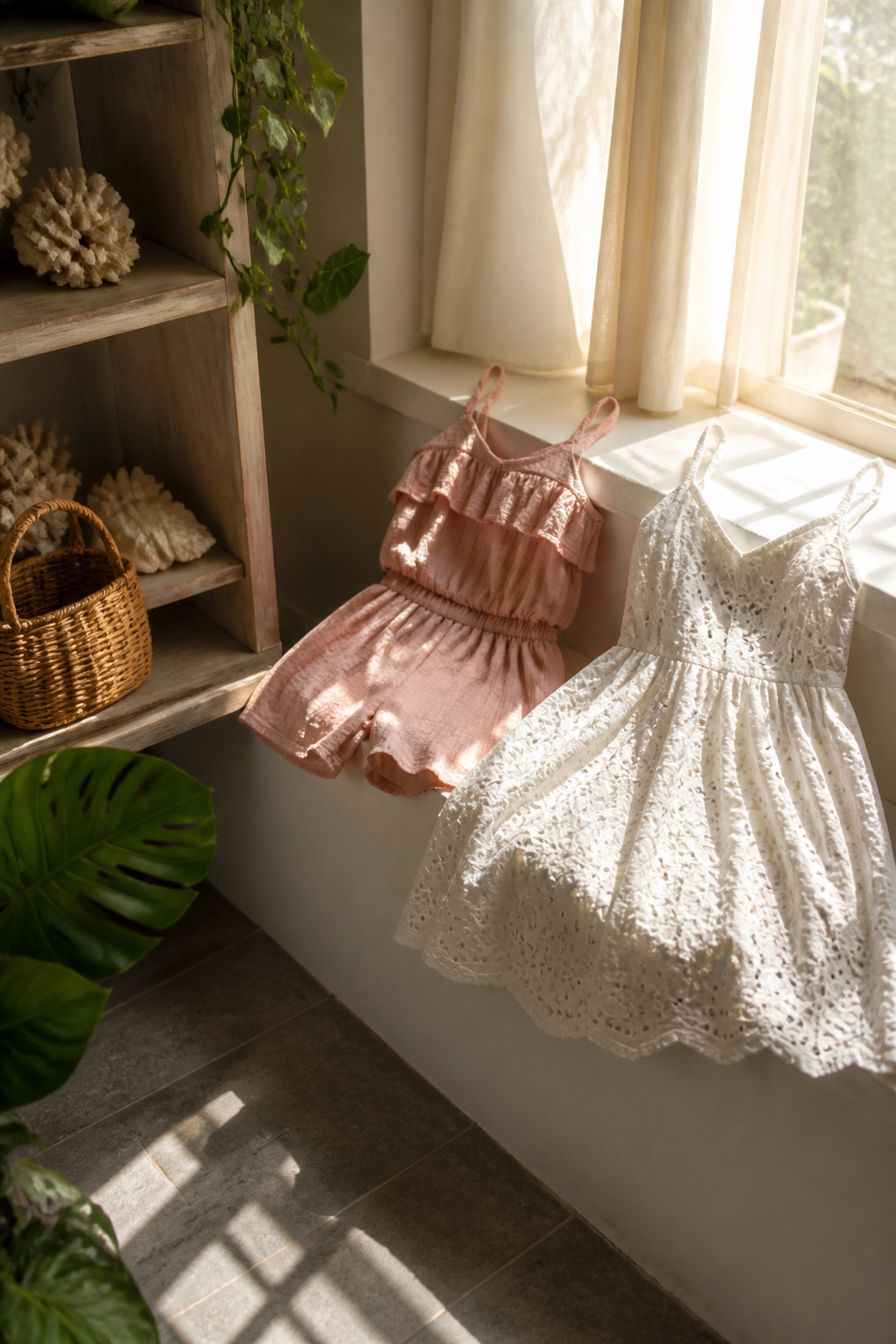 White eyelet mini dress with embroidery on a sunlit window ledge.
