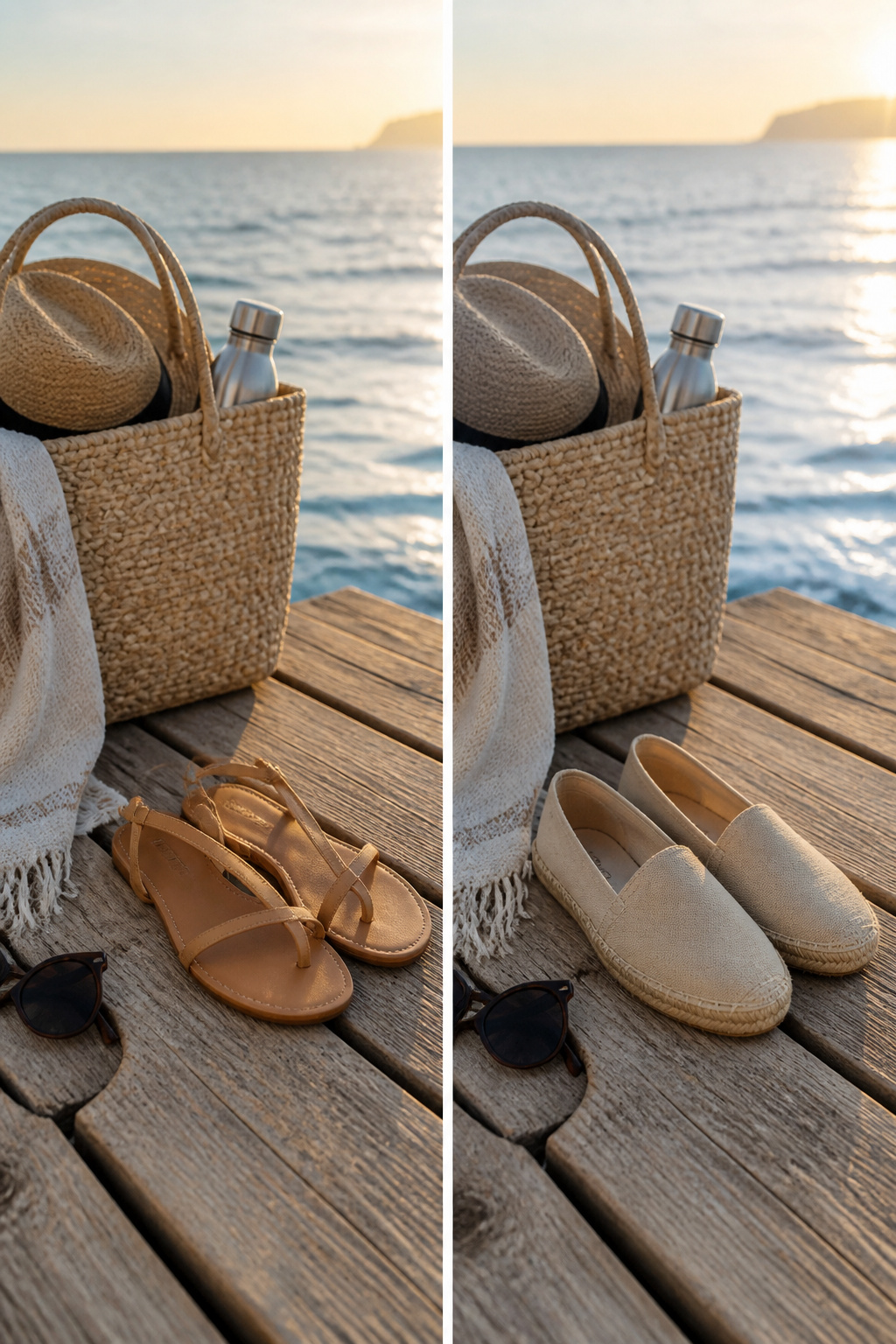 Flat sandals and espadrilles displayed together for beach wear.