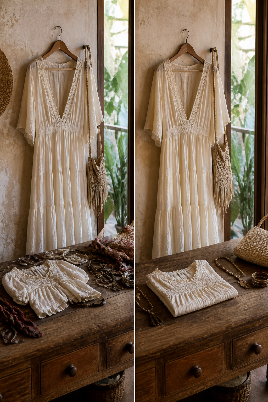 A woman in front of a mirror trying on boho clothing.