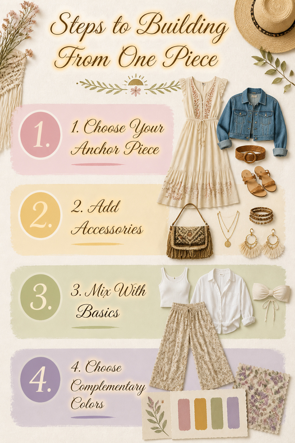 An image illustrating steps to build an outfit from one piece.
