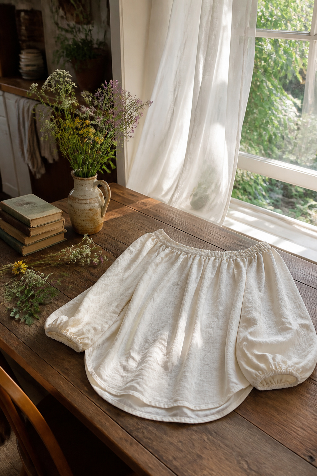 An off-the-shoulder blouse with a shirttail hem on a table with flowers.
