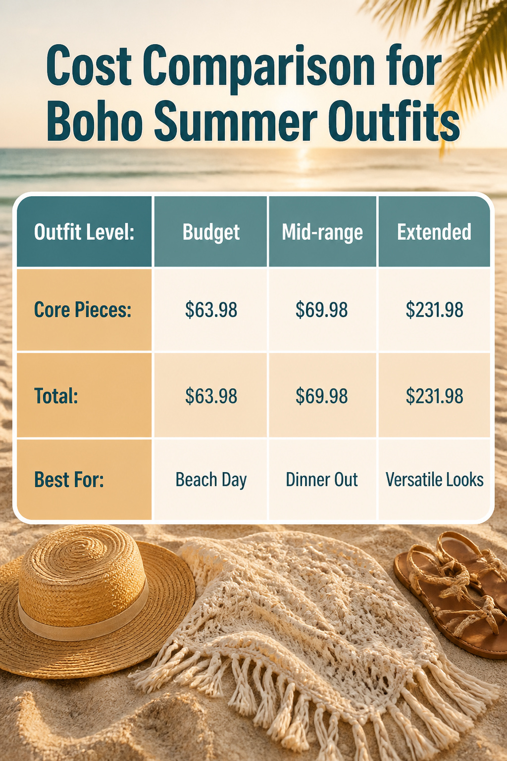 A cost comparison chart for boho summer outfits.