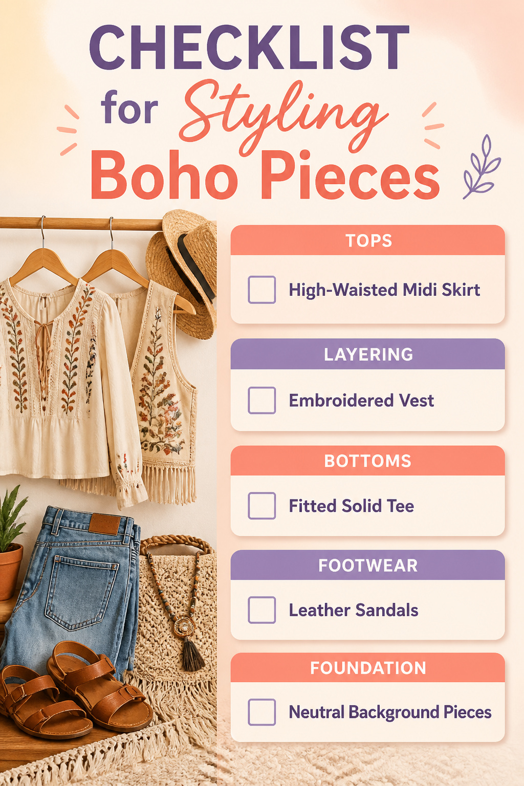 A checklist for styling boho clothing items creatively.