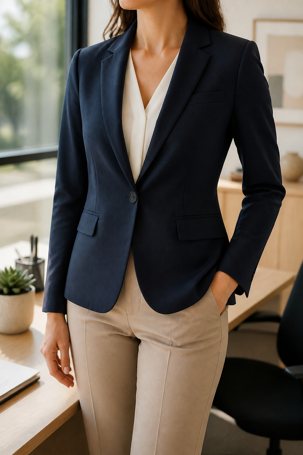 A tailored black blazer displayed on a hanger.